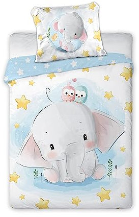 Arle-Living 3 TLG. Baby Kinder Bettwäsche Set - 100x135 cm + 40x60 cm + 1 Spannbettlaken in weiß 60x120-70x140 cm -100% Baumwolle (Elefant Sterne)
