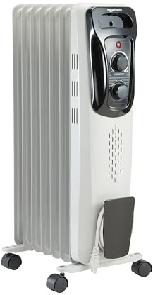 Amazon Basics Portable Oil Radiator Heater, Indoor Use, 3 Heat Settings, Over-Heat Protection, ETL-certified Safety, 7 Oil-Filled Steel Fins, 1500W, Tip-Over Protection, 11D x 14.8W x 25.2H, White