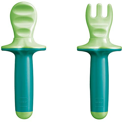 MAM Dipper Set, Set Posate con Forchetta e Cucchiaio, con Mascherina Protettiva, 6+ Mesi, Neutro