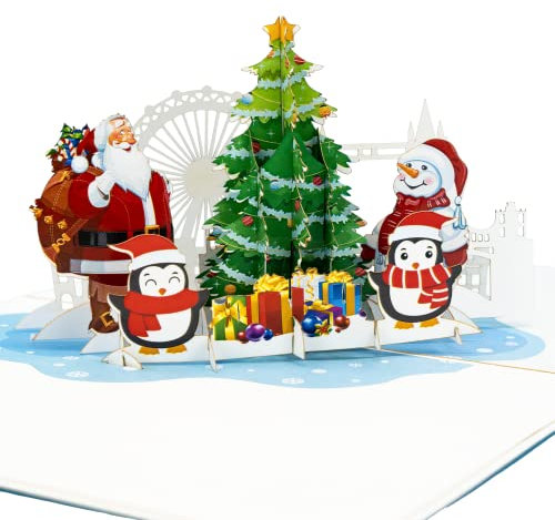 LIMAH® Pop-Up 3D Grußkarte/Hochwertige Weihnachtskarte/X-Mas Karte zu Weihnachten/in Weiß/Motiv Weihnachtsmann mit Pinguinen, Geschenken und einem Schneemann an einem Weihnachtsbaum