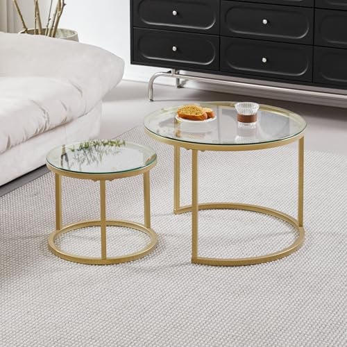 BenyLed Juego de 2 Mesa Nido Salon, Mesa Nido Pequeña para Salón o Comedor Oficina, Grande: 60 * 60 * 45cm, Pequeña: 40 * 40 * 35cm, Oro