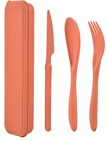 Noewmub Reiseutensilien mit Koffer, wiederverwendbares Kunststoff-Besteck, Reisebesteck-Set, Besteck-Set für Reisen, Arbeit, Schule, Picknick, Camping oder den täglichen Gebrauch (Orange)