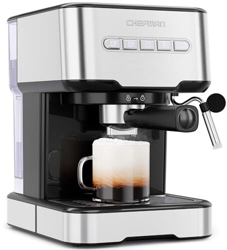 Chefman 6 in 1 Easy-Brew Espresso Machine, Built-In Milk Frother, 15 BAR Pump, One-Touch Single or Double Shot Espresso, 1.5 Liter Water Reservoir, Internal Cleaning Function, Stainless Steel