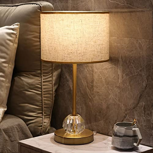 Mengjay Nachttischlampe Kristall E27 Tischleuchte Kugel, Tischlampe Weißer/Leinen Lampenschirm, Schirm, Gold,sehr passend für Schlafzimmer Bar Restaurant Cafe