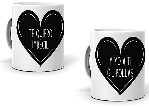 mundohuevo. Regalo divertido para parejas | Par de tazas con mensaje “Te quiero Imbécil”, “Y yo a ti gilipollas” | Taza original de desayuno | Capacidad 350ml | Taza de cerámica AAA | Regalo único