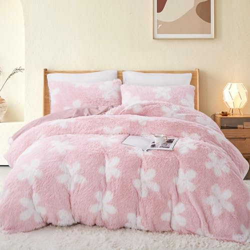 Freyamy Plüsch Bettwäsche 135x200cm Rosa Langhaar Kunstfell Flauschig Winterbettwäsche Flanell Samt Biber Warme Deckenbezug Cashmere Touch Bettbezug mit Reißverschluss und 1 Kissenbezug 80x80cm