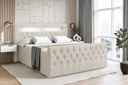 ALTDECOR Boxspringbett mit Matratze und Lattenrost, LED Boxbett, Topper, Fußteil, Polsterbett mit Bettkasten, Bett mit Stauraum H4-Matratze, Doppelbett, Springboxbett - Aurora - 200x200 Beige Samt