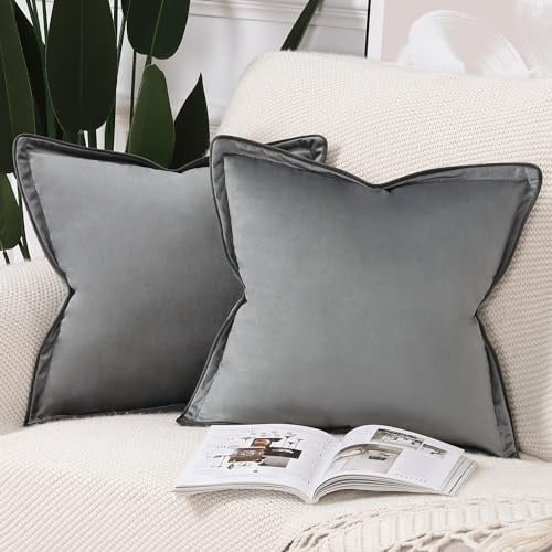 Madizz 2er Set Samt Fransen Zierkissenbezügen 45 x 45 cm Grau weiche Kissenbezug für Sofa, Schlafzimmer und Kissenhülle
