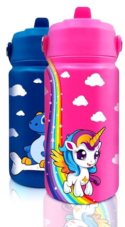 BECKSPON Botella de Agua para Niños de Acero Inoxidable | 350ml | Térmica Reutilizable | Sin BPA | Mantiene 24H Frio / 12H calor | Botella de Agua Infantil | Termo y Hermética | Botella Unicornio Rosa