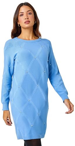 Roman Originals Knitted Jumper Dress for Women UK Ladies Stretchy Knit Knitwear Autumn Winter Casual Smart Pull On Work Long Sleeves Slouch Above Knee Short Length - Light Blue - Size 14
