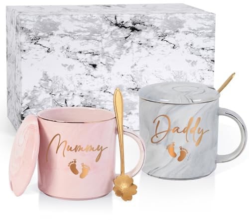 Joymaking New Mum and Dad Gifts Coffee Mug for New Parents, 12oz Coffee Mugs for Newborn Gifts for New Mums, Mummy and Daddy Mugs Gifts, 12oz Pink-Gray