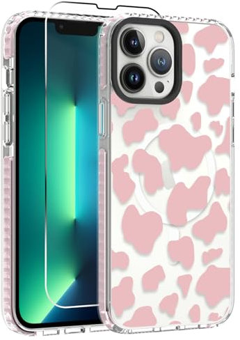 OOK Magnetic Case for iPhone 13 Pro Case Cute Cow Print [Compatible with MagSafe] Camera Protective Slim Phone Cover for Women Girls with [Screen Protector]-Pink