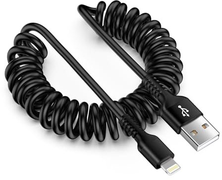 Cavo a spirale da USB a Lightning, cavo corto per iPhone, cavo di ricarica auto [certificato MFi], cavo Apple Carplay con sincronizzazione dati per iPhone 14/13/12/11/Pro/Xs/XR/8/6 Plus