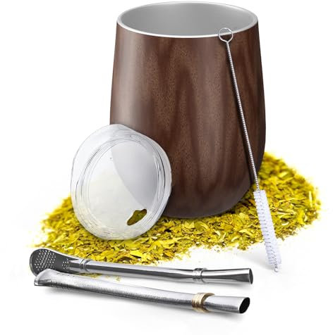 Aquafloow Tasse Yerba Mate 350 ml + 2 Pailles Bombilla Maté en Acier, Tasse Yerba Mate à Double Paroi | Couverture sans BPA, Set de thé en Acier Inoxydable pour Maté, Yerba – Marron
