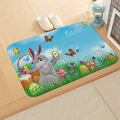 YLLQXI Rutschfeste Ostern Fussmatte mit Osterhase Deko, Schmutzfangmatte für Innen & Außen, Schmutzfangmatte Hasen Frühling, Teppich Bodenmatte, (B-15, One Size)