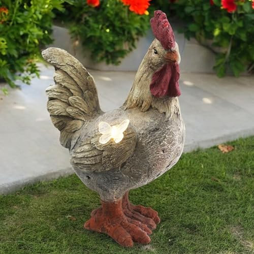 Arnusa Solar Gartenfigur Hahn Höhe 48 cm Steinoptik Gartendeko Solarlampe Grau Kunststein für Außenbereich Garten Statue Groß