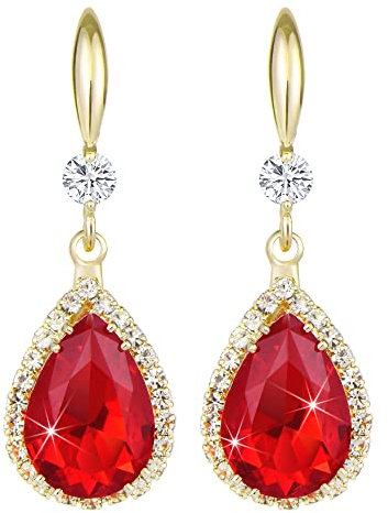 Linawe Red Ruby 14K Gold Dangle Earrings for Women Trendy, Imitation Diamond Wedding Drop Earrings, Rhinestone Cubic Zirconia Crystal Earrings Set, Teardrop Birthstone