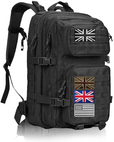 Geebymol 45L Military Tactical Backpacks Large Molle Army Assault Pack 3 Day Bug Out Bag Laptop Bag for Hiking Treeking Black Hunting Rucksack with 4 Flag Patches (Black)