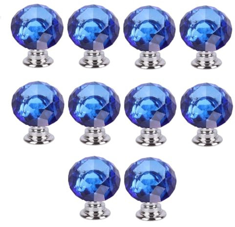 SANCHAKOU Knobs for Drawers 10 Pcs Single Hole Color Crystal Drawer Wardrobe Door Glass Handle 20Mm Silver Base Medium Blue