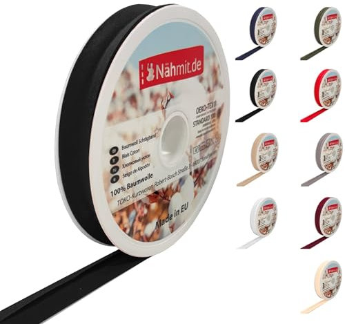 Nähmit 25m Rolle Baumwoll Schrägband, 100% Baumwolle 20mm Breit - 40/20 vorgebügeltes Schrägband (A01-Schwarz, 25m Rolle)