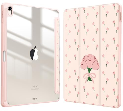 Fintie Étui Hybride Fin pour iPad Air 13 (M2) 2024, [Porte-Crayon intégré] – Coque arrière Transparente Antichoc, Tulipes Coquette