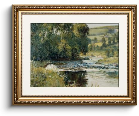 HUARCEY Leinwand Bilder mit Gold Rahmen, Vintage Wandbilder, Klassisch Wand Deko Wohnzimmer Schlafzimmer Badezimmer Küche, Bauernhaus Zimmer Deko Aesthetic, Flussufer Painting, 33x40cm, klein