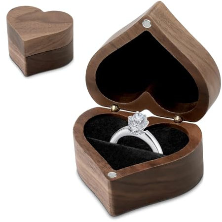 Ringbox Hochzeit Ringschatulle 6x5.3x3.5cm Samt Soft Interieur Herzförmige Ring Box Ringschachtel Verlobungsring Box Walnuss Holz Ringkästchen für Heiratsantrag Verlobung Hochzeit Schmuck Ohrringe