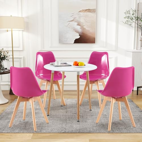 H.J WeDoo Rund Esstisch mit 4 Stühle Essgrupp, 90cm Küchentisch und 4er Set Esszimmerstühle Esszimmergruppe Sitzgruppe für Küche Wohnzimmer (Weiß Tisch+4 Drachenfrucht Stühl)