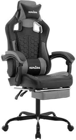 SUKIDA Gaming Stuhl, Ergonomischer Gaming-Stuhl mit Fußstütze, Racing Gaming Chair Kopfstütze Verstellbarer Computerstuhl Höhenverstellbar Lendenwirbelstütze für Homeoffice und Gaming Gray