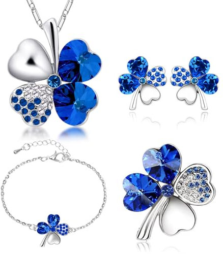 SwirlColor Damen Schmuck Kristall 4 Blättriges Kleeblatt Kette Vier Armband Glücksklee Brosche Neuheit Shamrock Ohrringe, Shamrock Schmuck Set für Mutter Tochter Freundin Frau 4pcs/Satz (Blau)