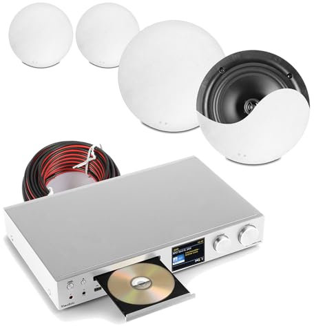 Ceiling Speaker System Package with CD HiFi Amplifier, Bluetooth, DAB+ Internet Radio, FM Tuner, TV Input, Ceiling Speaker Kit for Home, Includes 4x PD NCSS6 Speakers & Cables