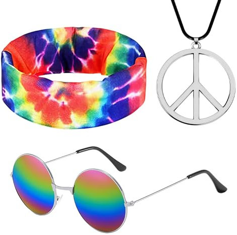 MUNSKT 3 Stück Hippie Kostüm Set, Hippie Accessoires Damen Hippie Dress Costume Buntes Hippie Stirnband Halskette Peace Zeichen Sonnenbrille Kostüm Hippie Verkleidung Kostümzubehör Hippie Zubehör Herr
