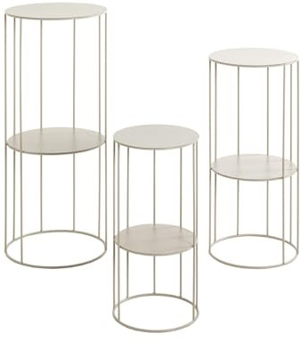 möbelando Blumentisch >54182< im eleganten Design aus pulverbeschichtetem Metall - praktisches Set mit DREI Höhen und jeweils 2 Ablagen; kaschmirgrau; Durchmesser: 21/25/28 cm, Höhe: 45/57/70 cm