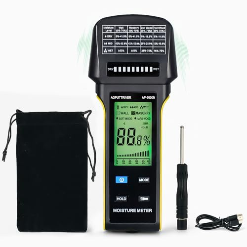 Damp Meter Wood Moisture Meter with LED Status Indicators, 4 Material Modes (Wall/Masonry/Hardwood/Softwood), Data Storage - Professional Moisture Meter for Building Materials