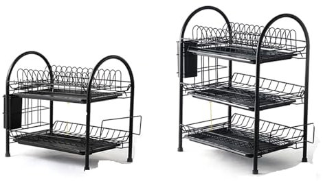 Nikou Escurridor de platos de 3 niveles, de acero con tabla de drenaje extraíble, estante de almacenamiento para utensilios y tazas, organizador de encimera de cocina, 35 x 25 x 80 cm