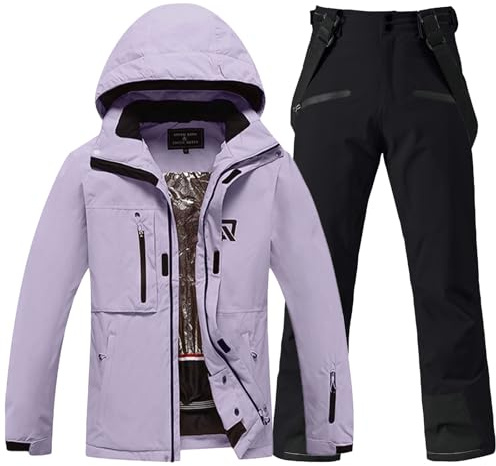 HOUZONIY Damen Schneeanzug, Damen Skijacke & Skihose Set, Schneeanzug Wasserdicht Warm Winterjacke mit Abnehmbare Kapuzen zum Skifahren Snowboarden