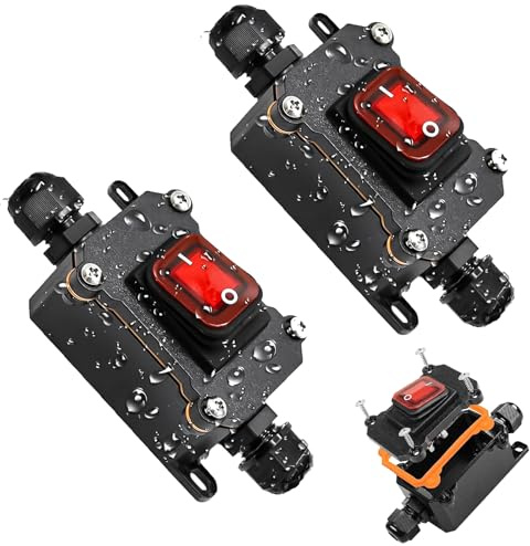 2 Stück IP65 Wasserdichter Schalter 220V 30A mit roter LED-Licht DPST Wippschalter, Inline-Kabelschalter für Industrie/Außenbereich