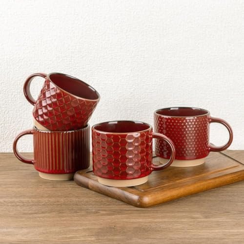 GBhome 12 OZ Stackable Coffee Mugs Set of 4, Ceramic Coffee Cups Set | Coffee Cups for Latte, Tea, Cocoa&Milk, Ideal for Daily Use&Gifts, Microwave&Dishwasher Safe, Red