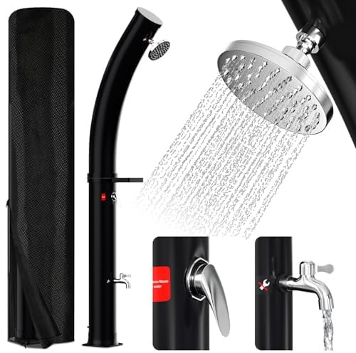 Mantigositeen Douche solaire 35 l en noir - Colonne incurvée avec pommeau de douche à 360° - Avec capot de protection et chauffage solaire réglable (3,5 bar)