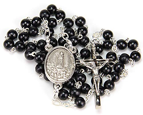 Rosario Madera Negra, Convertible en Colgante Hombre o Collar Mujer. Rosarios Religiosos con Medalla de la Virgen de Fatima y Bolsa para Regalo. Rosario Fatima Madera Negro VF