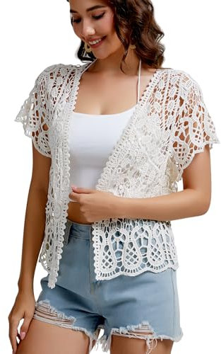 SMDPPWDBB Women's Short Sleeve Lace Shrug, white, L
