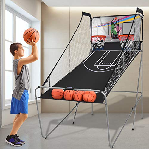 GYMAX Foldable Basketball Arcade Game with 8 Game Modes, Voice Prompt, Double Hoops and Scorer, Indoor Outdoor Basketball Hoop for Kids and Adults (Silver+Black)