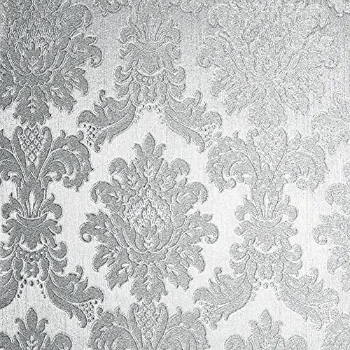 Opulence Silver Wallpaper Metallic Foil Damask Textured Vinyl Embossed