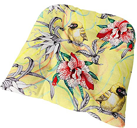 FANSU Coussin de Chaise avec Attache, Oiseau & Fleurs Imprimer Lin Galette de Chaise Epais Tatami Confortable Coussins de Chaise pour Intérieur Extérieur Jardin Patio (40x40x6cm,Oiseau Jaune)