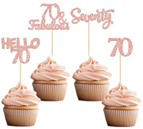 Gyufise 24Pcs Rose Gold Glitter 70th Birthday Cupcake Toppers Hello 70 Seventy Cake Toppers 70 & Fabulous Cupcake Picks for 70th Birthday Cake Decorations Supplies