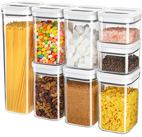 MR.SIGA 8 Piece Airtight Food Storage Container Set, BPA Free Kitchen Pantry Organization Canisters, One-handed Airtight Plastic Containers with Lids for Cereal, Spaghettie, Pasta,White