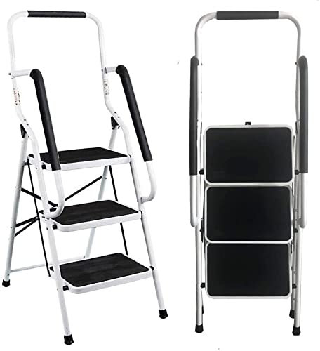 Escabeau 3 Marches Pliant avec Sécurité Rail de Support Acier Escabeau Pliable 3 Marches Échelle pour Cuisine Bureau Utilisation