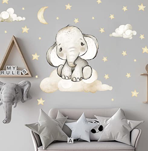 WANDKIND Elefant auf der Wolke Wandtattoo V337 | handgezeichnet | AUFKLEBER Kindergarten | Wandsticker Kinderzimmer Elefanten mit Sterne Elephant Wolken (40 x 40 cm)