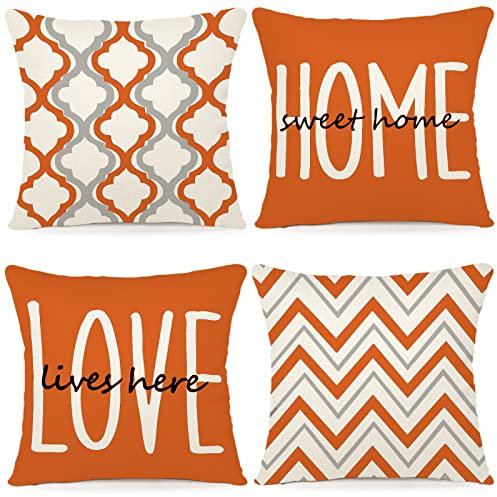YCOLL Kissenbezug 50x50 4er Set Dekokissen Leinen Kissenbezüge Geometrische Muster Kissenhüllen für Sofa Schlafzimmer Couch Outdoor Kissen 50x50 Orange