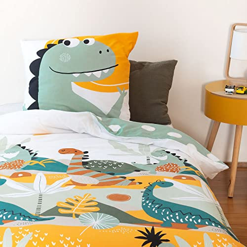 CÔTE DECO Parure da letto per bambini reversibile Dinosauri Prehisto verde, copripiumino 140 x 200 cm + 1 federa 63 x 63 cm